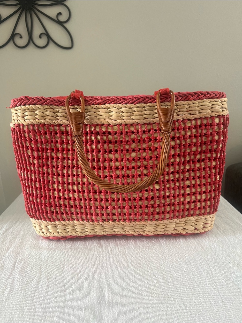 Vintage The Sak Original Pink & Natural Woven Straw Tote Beach Market Bag - Picture 3 of 8
